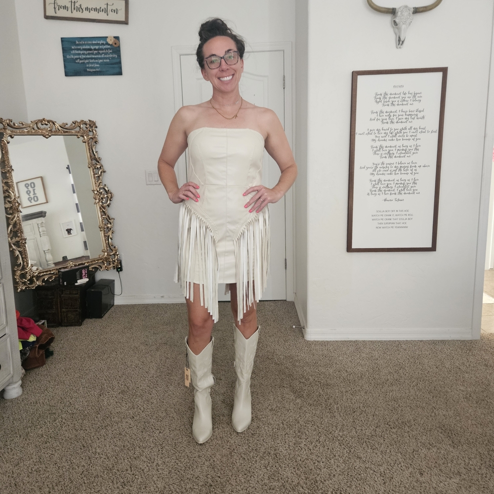 Bone FRINGE Strapless Mini Dress W/ buckle Back